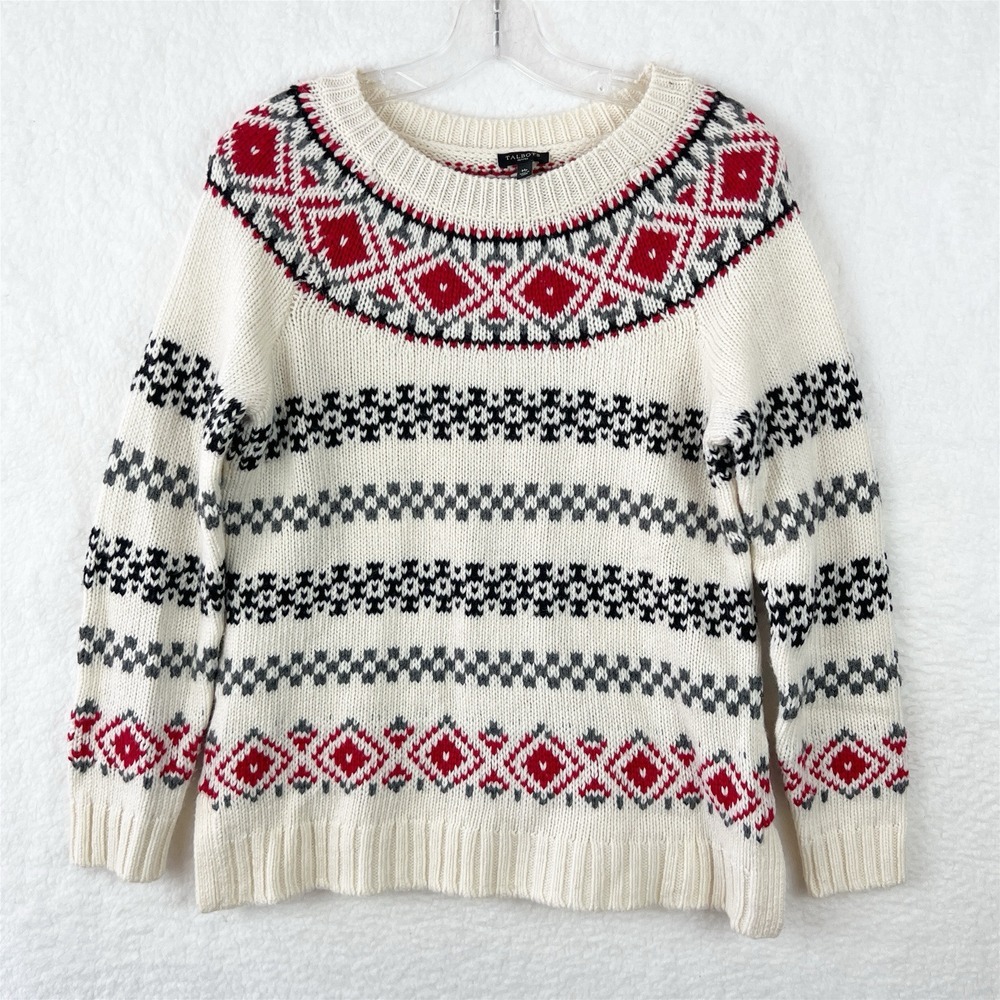 TALBOTS‎ Fair Isle Nordic Pullover Sweater Red Black Wool Blend Sz Medium Petite